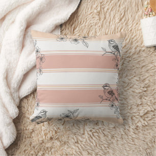 Cojín Decorativo Flaurón de pájaro floral de rayas de melocotón ele