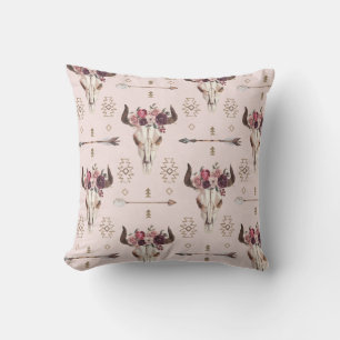 Cojín Decorativo Flechas y cráneo de Boho, patrón de acuarela.