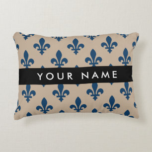 Cojín Decorativo Fleur de Lis, Azul Marino sobre Beige, Real, Tu No