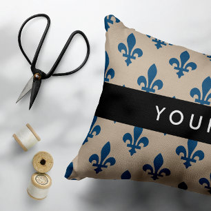 Cojín Decorativo Fleur de Lis, Azul Marino sobre Beige, Real, Tu No