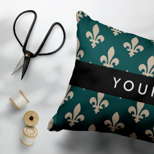 Cojín Decorativo Fleur de Lis, beige sobre verde, real, tu nombre