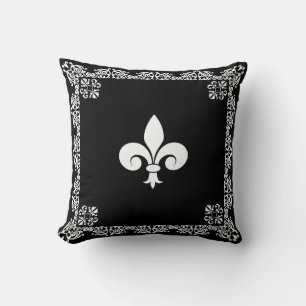 Cojín Decorativo Fleur de Lis en blanco y marco en negro