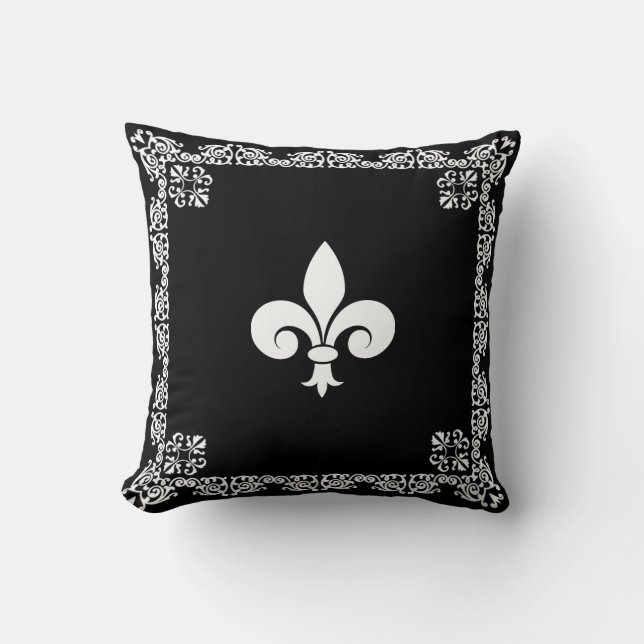 Cojín Decorativo Fleur de Lis en blanco y marco en negro (Anverso)