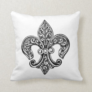 Cojín Decorativo Fleur De Lis Laceado Vintage en Blanco y Negro