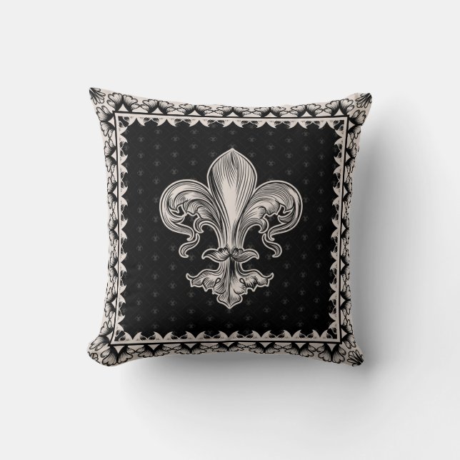 Cojín Decorativo Fleur-de-lis - Negro y Crema (Anverso)
