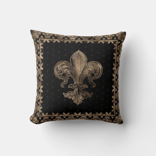 Cojín Decorativo Fleur-de-lis - Negro y Oro (Anverso)