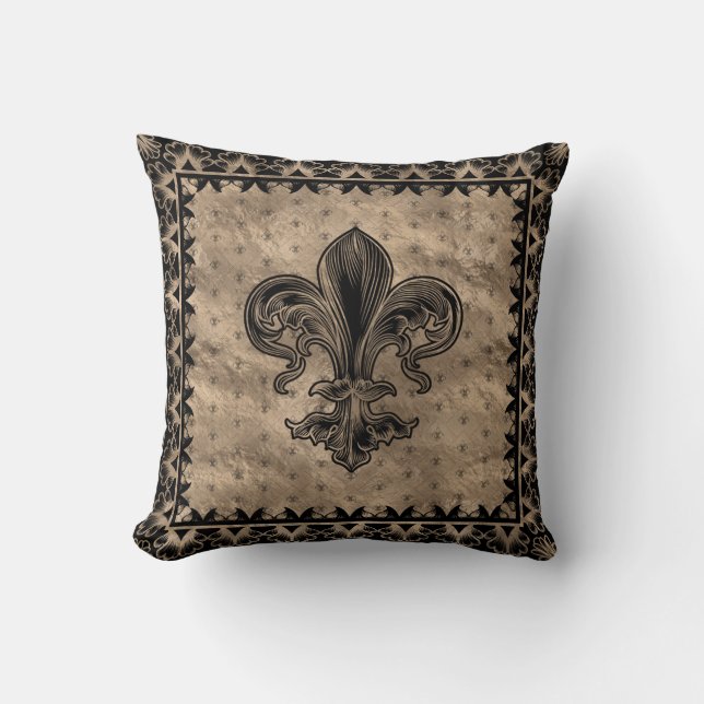 Cojín Decorativo Fleur-de-lis - Negro y Oro (Anverso)