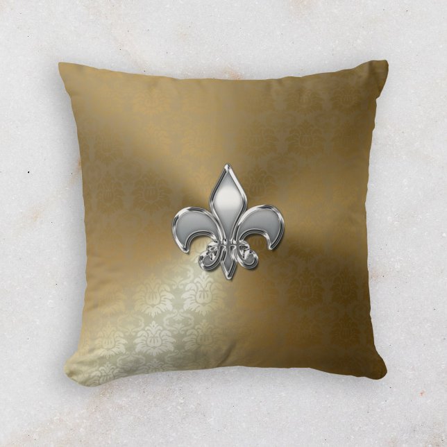 Cojín Decorativo Fleur-De-Lis plateado en damasco de oro (Subido por el creador)