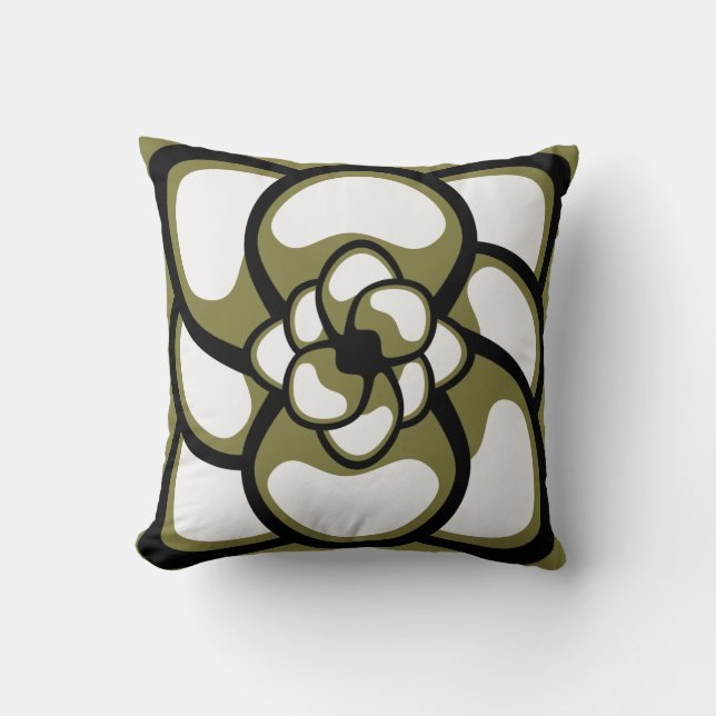 Cojín decorativo, Flor abstracta 3, Negro oliva (Anverso)