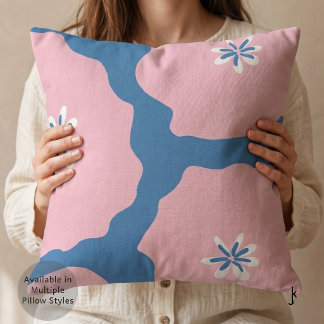 Cojín Decorativo Flor abstracta dibujada a mano, azul rosa vibrante