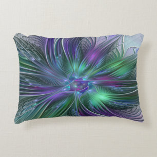 Cojín Decorativo Flor Abstracta Moderna Fractal Verde Púrpura