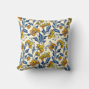 Cojín Decorativo Flor amarilla y diseño de hojas azules sin fisuras