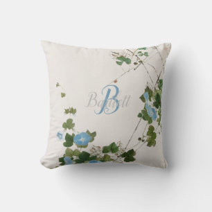 Cojín Decorativo Flor azul botánica acuarela japonesa
