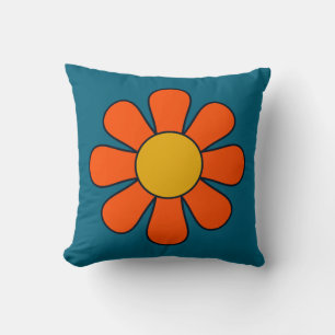 Cojín Decorativo Flor azul Groovy Retro Naranja Floral 70