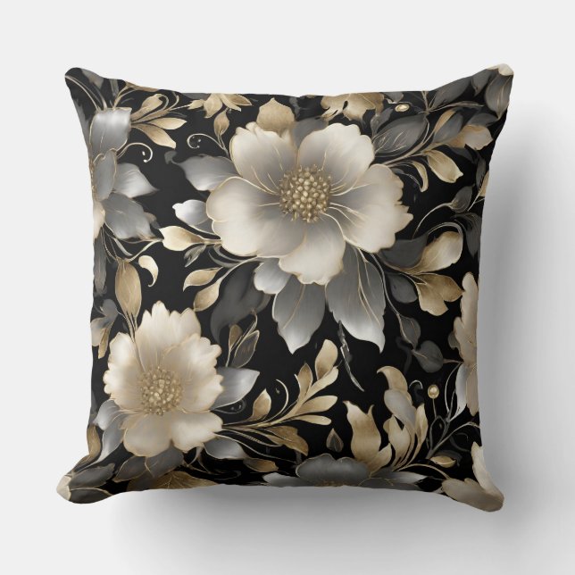 Cojín Decorativo Flor blanca de oro gris negro (Anverso)