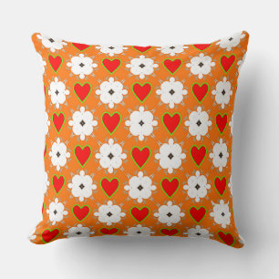 Cojín Decorativo Flor blanca y corazón rojo en Naranja oscuro