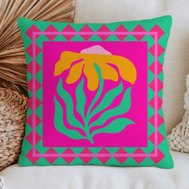Cojín Decorativo Flor BOHO sobre Floral Retro Fuchsia Rosa y Verde