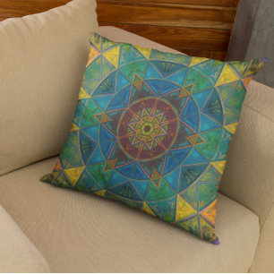 Cojín Decorativo Flor de caleidoscopio mosaico azul amarillo y verd