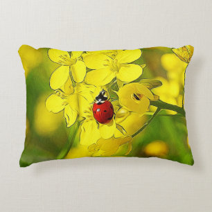 Cojín Decorativo Flor de canola amarilla Buena suerte Ladybug rojo