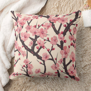 Cojín Decorativo Flor de Cerezo Japonesa Rosa Oscura Rama Crema