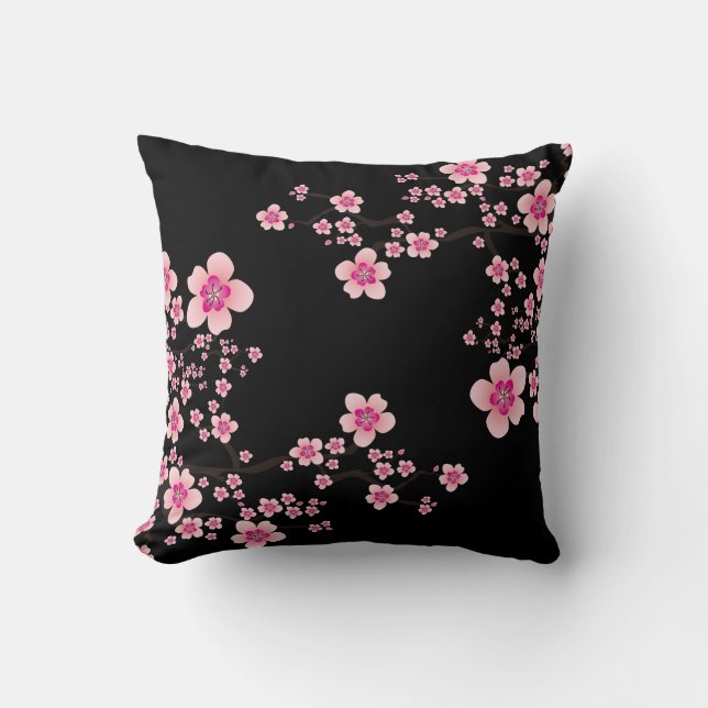 Cojín Decorativo Flor de cerezo negro y rosa japonés (Anverso)