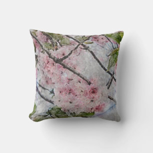 Cojín Decorativo flor de cerezo rosa pintura acuarela