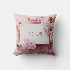 Cojín Decorativo Flor de Cerezo Rosa Romántica y Hoja de Bronce