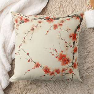 Cojín Decorativo Flor de ciruelo roja acuarela - Arte floral orient