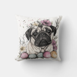 Cojín Decorativo Flor de color de agua de pug de Pascua