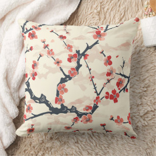 Cojín Decorativo Flor de Coral Rojo Ume Japonés Patrón de Onda de M