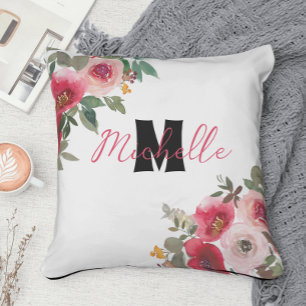 Cojín Decorativo Flor de flor rosa y roja monogramada