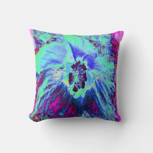 Cojín Decorativo Flor de Hibisco Verde y Azul Psicodélico Retro