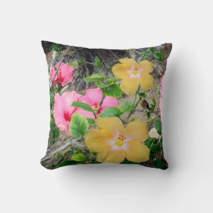 Cojín Decorativo Flor De Hibiscus Amarillo Y Rosa, Arrojar Cojín.