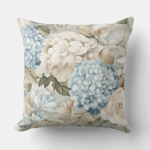 COJÍN DECORATIVO FLOR DE HIDRANGEA VERANO AZUL Y BEIGE