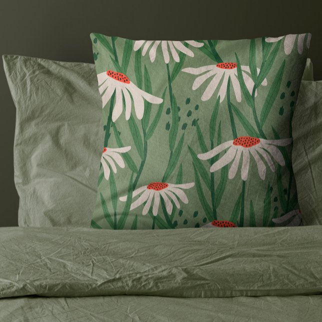 Cojín Decorativo Flor de la mano verde sabio (Chamomile Flower in a sage green background of soft warm cream color make this design a great choice)