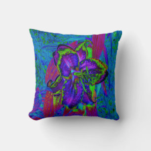 Cojín Decorativo Flor de lirio morada y verde lima psicodélica