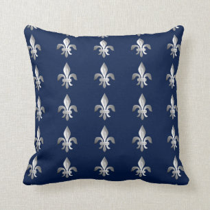 Cojín Decorativo Flor de lis de plata en azules añiles
