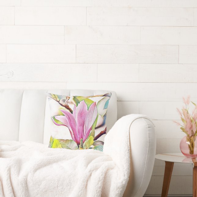 Cojín Decorativo Flor de magnolia rosa fondo azul acuático (Sofá)