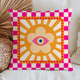 Cojín Decorativo Flor de margarita del ojo maligno funky a cuadros