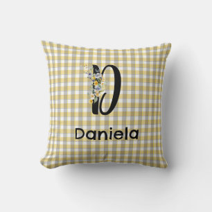 Cojín Decorativo Flor de monograma retro gingham azul gris