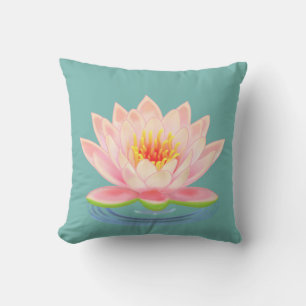 Cojín Decorativo Flor de Nenúfar Rosa sobre Turquesa