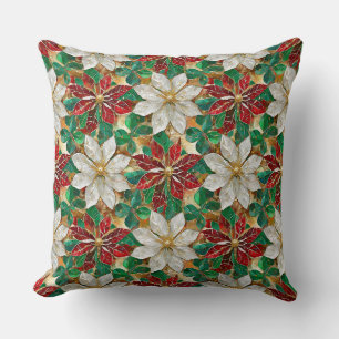 Cojín Decorativo Flor de Nochebuena Blanca Roja Verde Dorada
