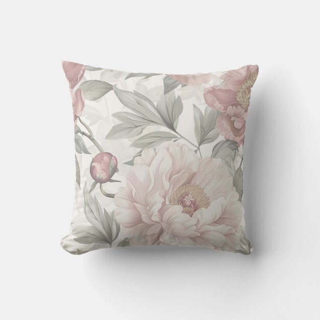 Cojín Decorativo Flor de peones crema con vegetación (Anverso)
