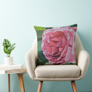 Cojín Decorativo Flor de peones rosados con hojas verdes, grande