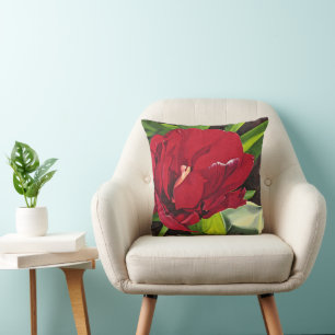 Cojín Decorativo Flor de Peonia Roja con hojas verdes, cuadrado