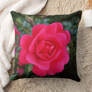 Cojín Decorativo flor de rosa rosa caliente y hojas verdes arte fot