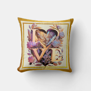 Cojín Decorativo Flor elegante, corazón y amor dorado