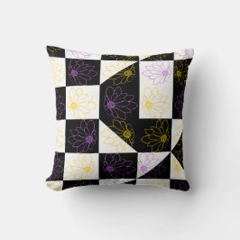 Cojín Decorativo flor en patrón monocromo de chequeo estético