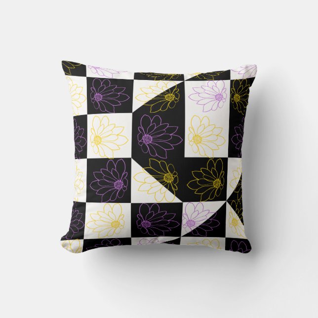 Cojín Decorativo flor en patrón monocromo de chequeo estético (Anverso)