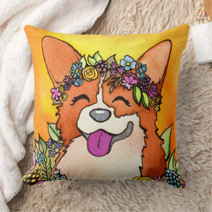 Cojín Decorativo Flor feliz Crown Corgi Watercolor